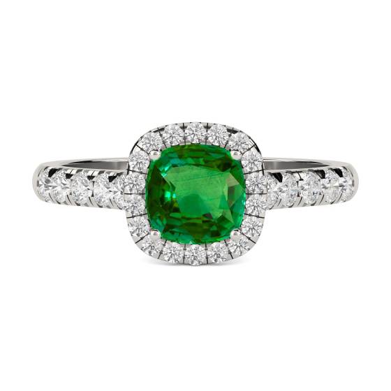 Grüner Smaragd-Kissenförmiger Diamant-Einzelhalo-Schulterring