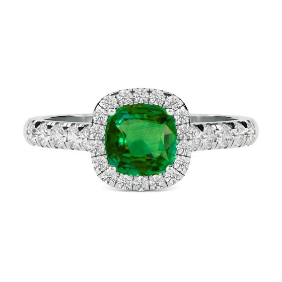 Grüner Smaragd-Kissenförmiger Diamant-Einzelhalo-Schulterring