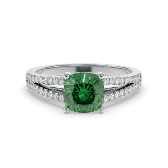 Ausgefallener smaragdgrüner Ring mit kissenförmigem Diamanten an den Schultern