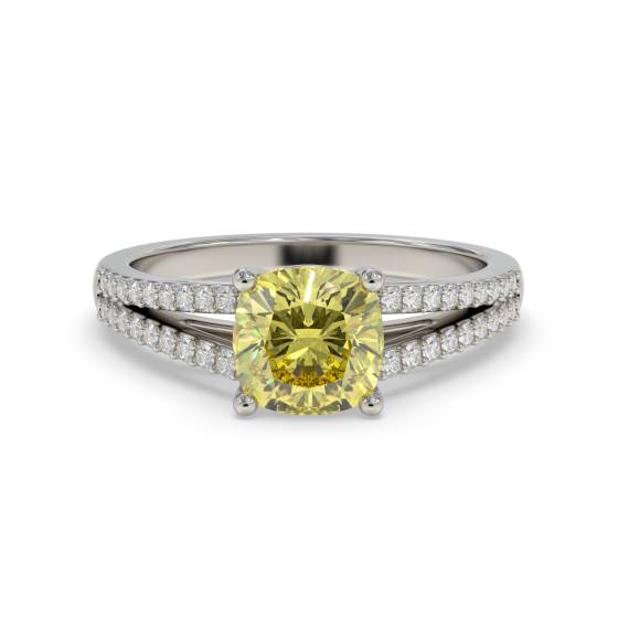 Ring mit gelbem Kissen-Diamanten und Halo-Schulter