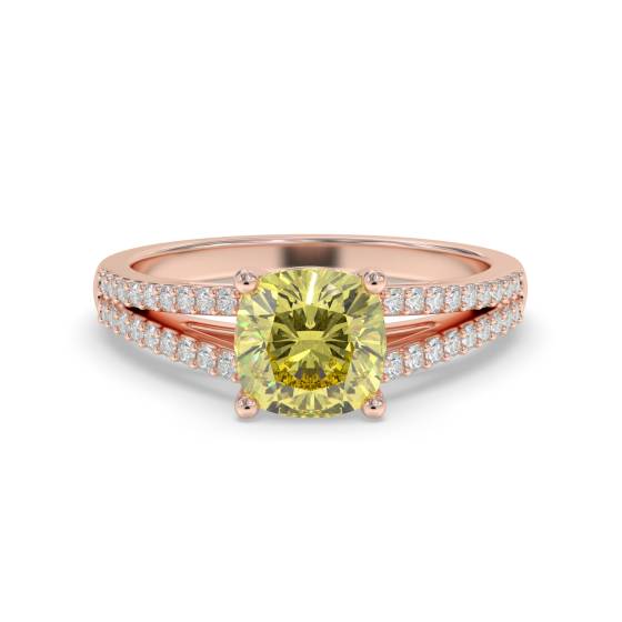 Ring mit gelbem Kissen-Diamanten und Halo-Schulter
