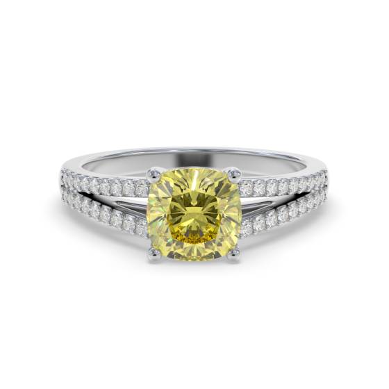Ring mit gelbem Kissen-Diamanten und Halo-Schulter