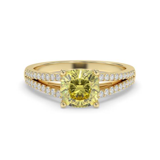 Ring mit gelbem Kissen-Diamanten und Halo-Schulter