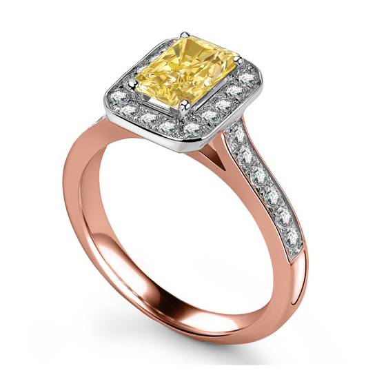 Ring mit gelbem, strahlendem Diamant-Halo und Schulterfassung