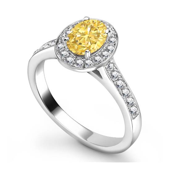Ring mit ovalem, gelbem Diamanten und Halo-Schulterfassung