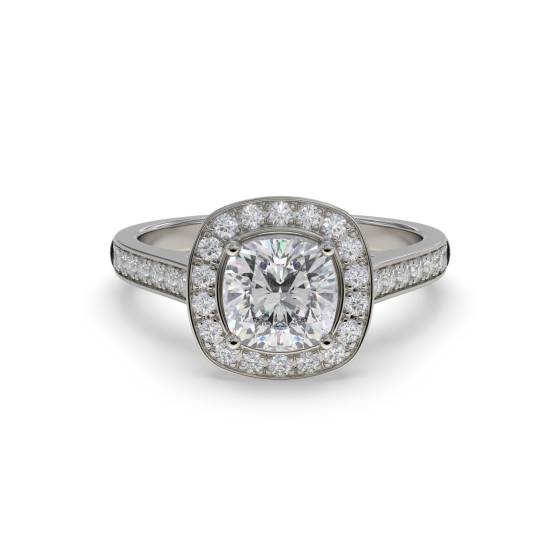 Kissenförmiger Diamantring mit Halo-Schulterfassung