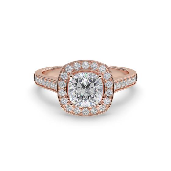 Kissenförmiger Diamantring mit Halo-Schulterfassung