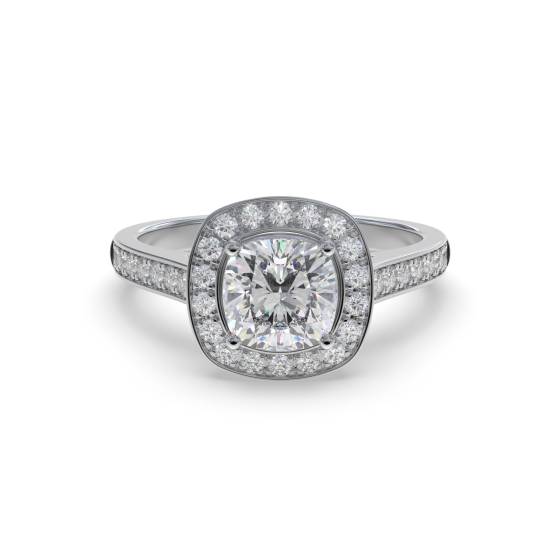 Kissenförmiger Diamantring mit Halo-Schulterfassung