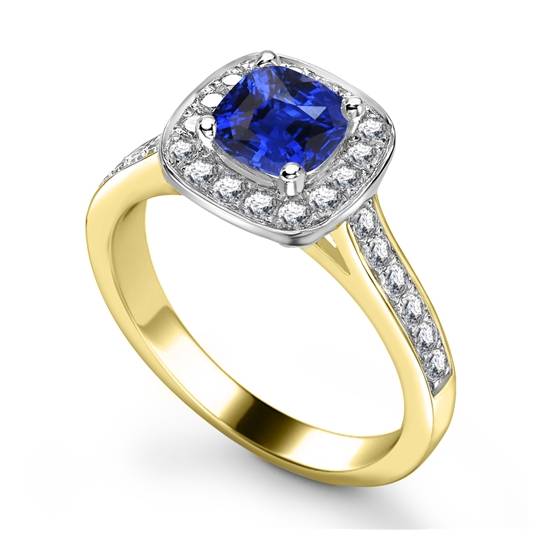Ring mit blauem Saphir und Diamanten, einzelner Halo-Schulterfassung