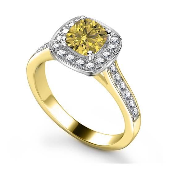 Ring mit gelbem Kissen-Diamanten an den Schultern