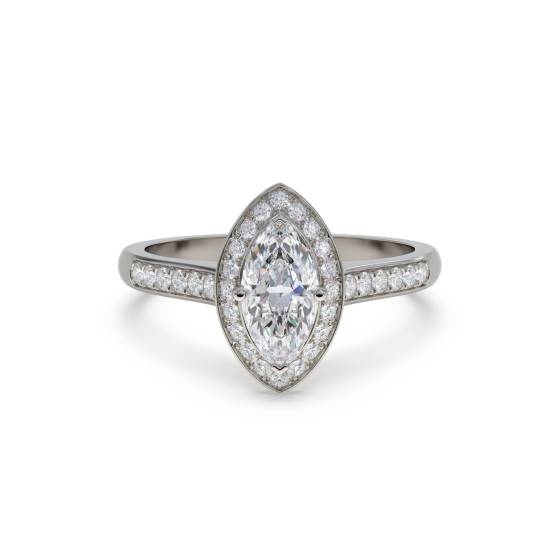 Marquise-Diamantring mit Lünettenfassung und einzelnem Halo-Schulterring