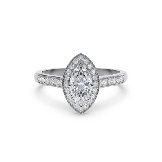 Marquise-Diamantring mit Lünettenfassung und einzelnem Halo-Schulterring