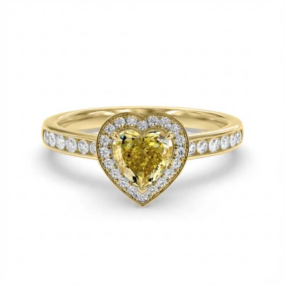 Ring mit gelbem herzförmigem Diamanten und einzelnem Halo-Schulterteil