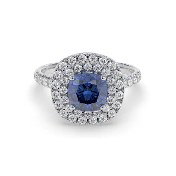 Ring mit Kissen-Design, blauem Saphir und Diamanten, doppeltem Halo-Schulterteil