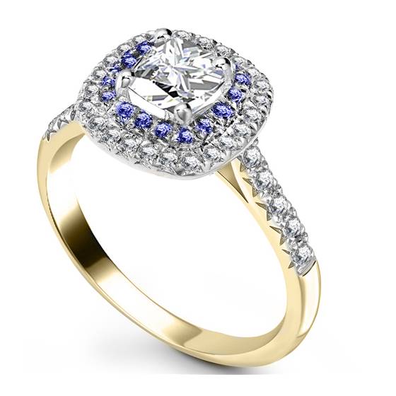 Ring mit Kissen-Diamant und blauem Saphir, doppelter Halo-Schulterfassung