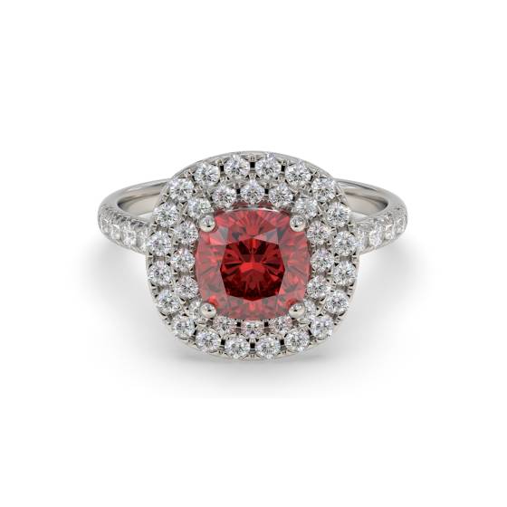 Kissenförmiger Rubin- und Diamant-Doppelhalo-Schulterring