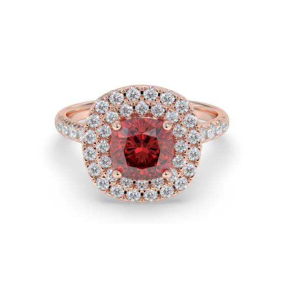 Kissenförmiger Rubin- und Diamant-Doppelhalo-Schulterring