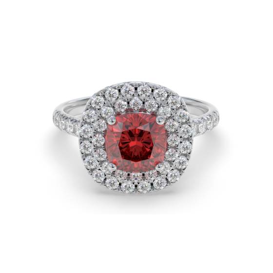 Kissenförmiger Rubin- und Diamant-Doppelhalo-Schulterring