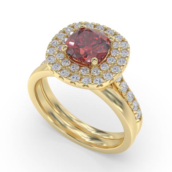 Kissenförmiger Rubin- und Diamant-Doppelhalo-Schulterring