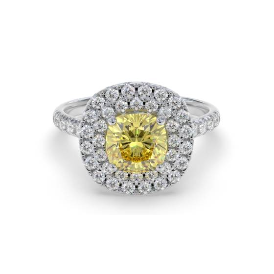 Ring mit gelbem Kissen-Diamanten und Halo-Schulter