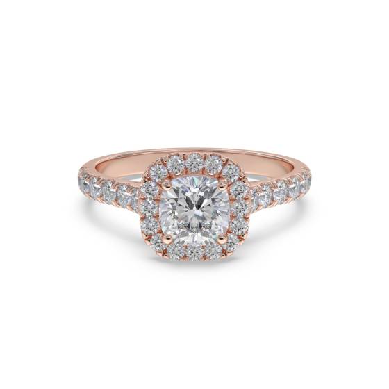 Kissenförmiger Diamantring mit Halo-Schulterfassung