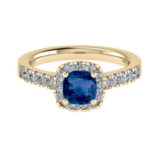 Kissenförmiger blauer Saphir und Diamant-Halo-Ring