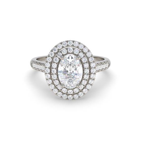 Ovaler Diamantring mit doppeltem Halo und Schulterfassung