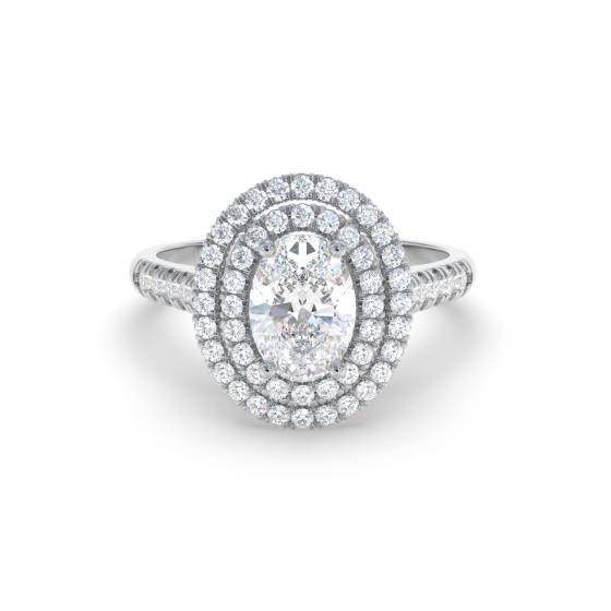 Ovaler Diamantring mit doppeltem Halo und Schulterfassung