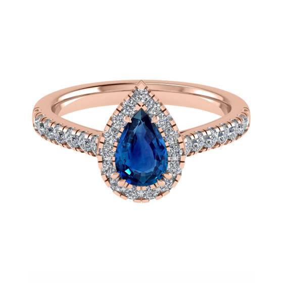 Birnenförmiger blauer Saphir und Diamant-Halo-Ring
