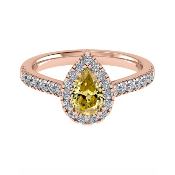 Ring mit gelbem Birnendiamanten und Halo-Schulterfassung