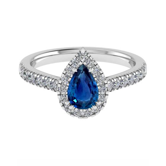 Birnenförmiger blauer Saphir und Diamant-Halo-Ring