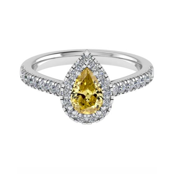 Ring mit gelbem Birnendiamanten und Halo-Schulterfassung