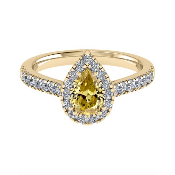 Ring mit gelbem Birnendiamanten und Halo-Schulterfassung