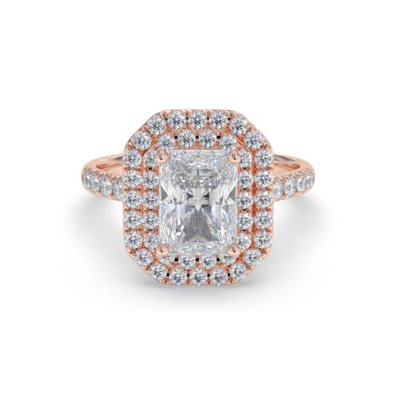 Ring mit strahlendem Diamanten und doppeltem Halo-Schulterset