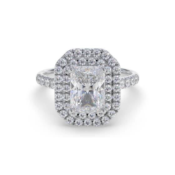 Ring mit strahlendem Diamanten und doppeltem Halo-Schulterset
