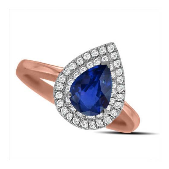 Birnenförmiger blauer Saphir und Diamant-Halo-Ring