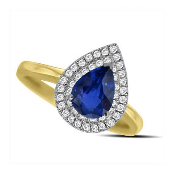 Birnenförmiger blauer Saphir und Diamant-Halo-Ring
