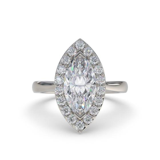 Marquise- und Runddiamant-Ring mit einzelnem Halo