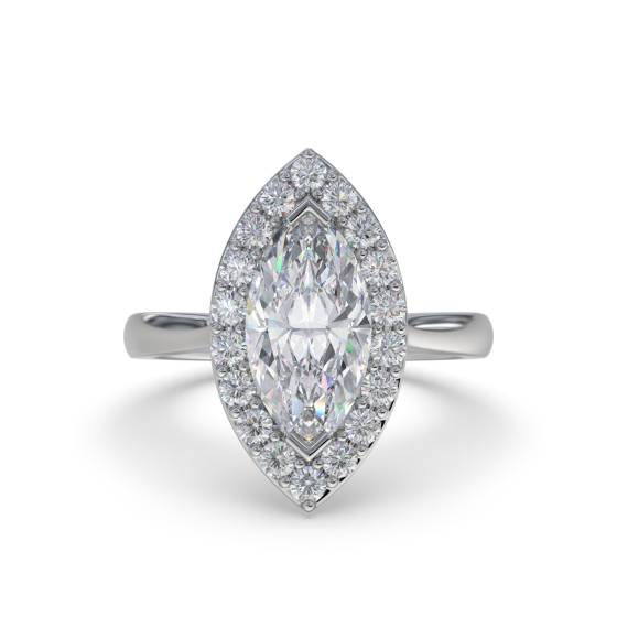 Marquise- und Runddiamant-Ring mit einzelnem Halo