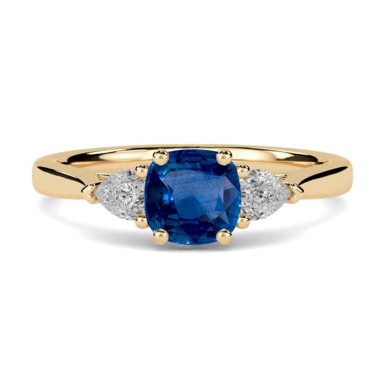 Trilogie-Ring aus blauem Saphir im Kissen- und Birnenschliff und Diamanten