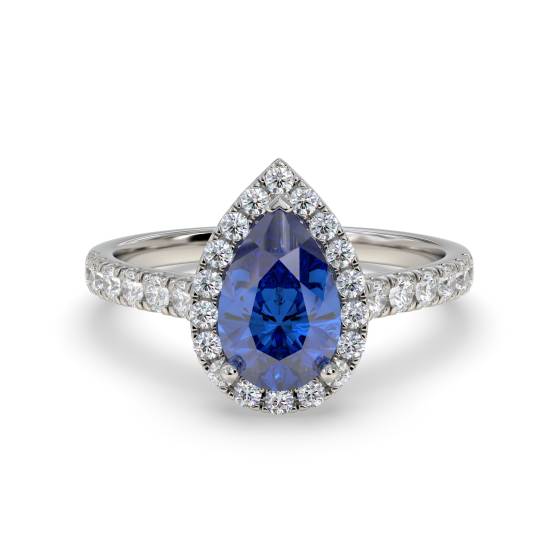 Birnenförmiger blauer Saphir und Diamant-Halo-Ring