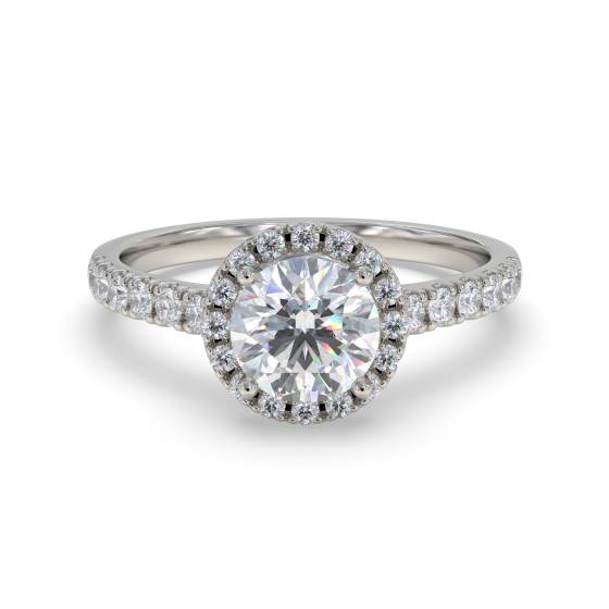 Runder Diamantring mit einzelner Halo-Fassung an der Schulter