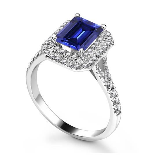 Ring mit doppeltem Halo-Schulterteil und blauem Saphir und Diamanten