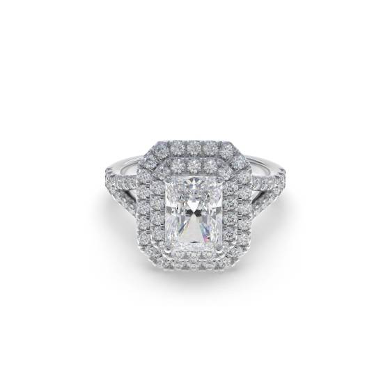 Ring mit strahlendem Diamanten und doppeltem Halo-Schulterset