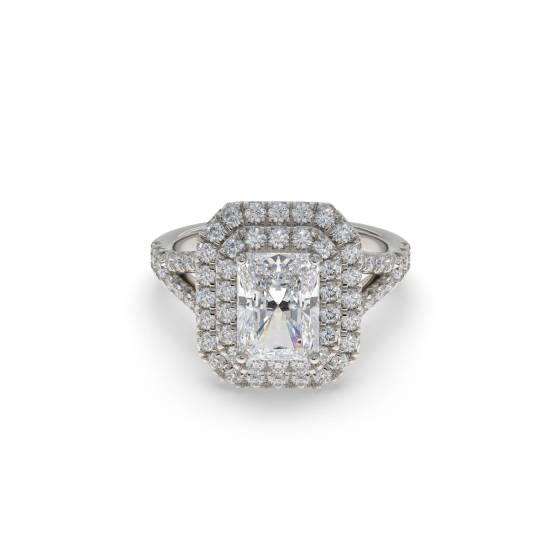 Ring mit strahlendem Diamanten und doppeltem Halo-Schulterset