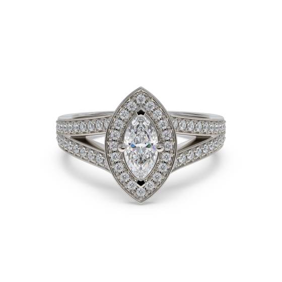 Marquise-Diamantring mit Lünettenfassung, einzelnem Halo und geteilter Schulterfassung