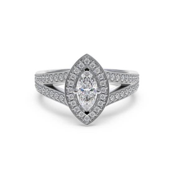 Marquise-Diamantring mit Lünettenfassung, einzelnem Halo und geteilter Schulterfassung
