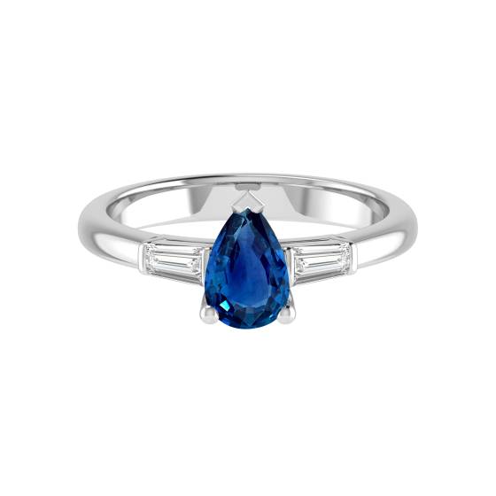 Eleganter Birnenförmiger blauer Saphir-Diamant-Trilogie-Ring