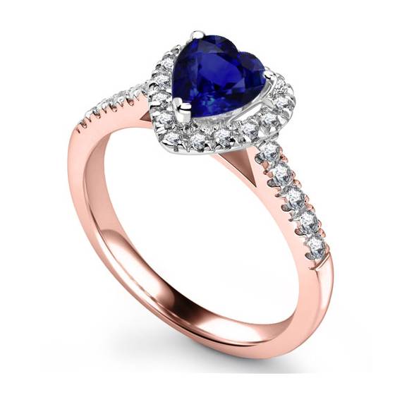 Ring mit blauem Saphir im Herzschliff und Diamanten im Halo-Design