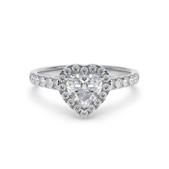 Herzförmiger Diamantring mit einzelnem Halo und Schulterfassung